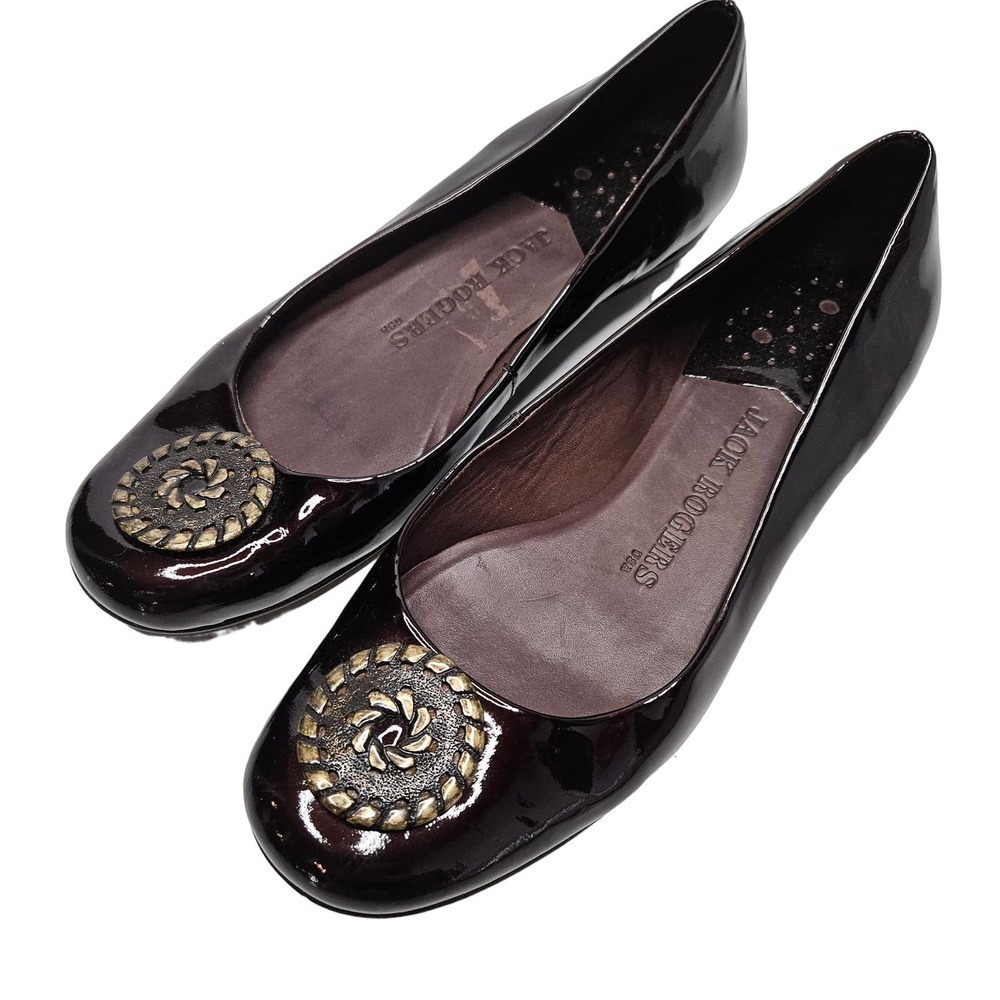 Jack Rogers Patent‎ Leather Emblem Flats 7 Dark Brown Medallion